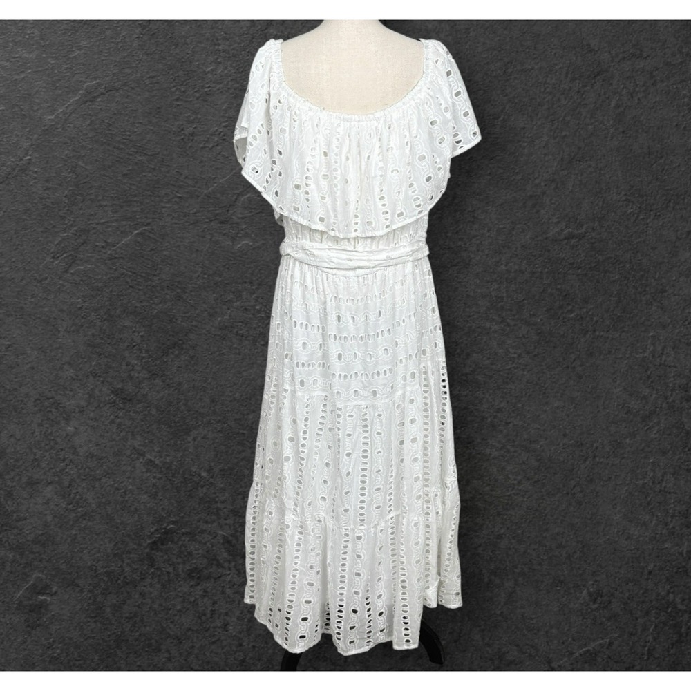 White Eyelet Peasant Off Shoulder Midi Dress Womens 3X Tiered Sash Feminine NWOT - Picture 4 of 8